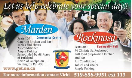 Marden Community Centre , Rockmosa Community Hall - Call 519-856-9951 ext-113 or click here to visit our website!