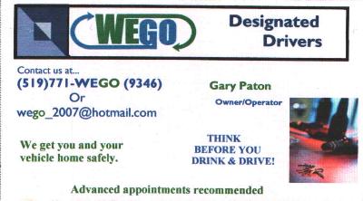 WEGO Designated Drivers - We get you and your vehicle home safely. 519-771-9346
